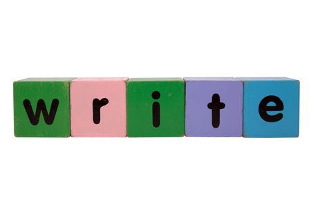 toy letters that spell write against a white backgroundの写真素材