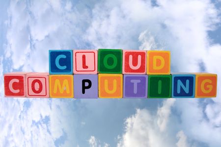 toy letters that spell cloud computing against a cloudy background の写真素材