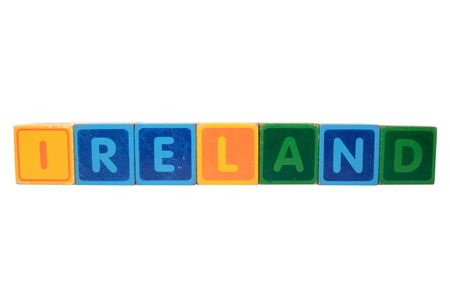 toy letters that spell ireland against a white background の写真素材