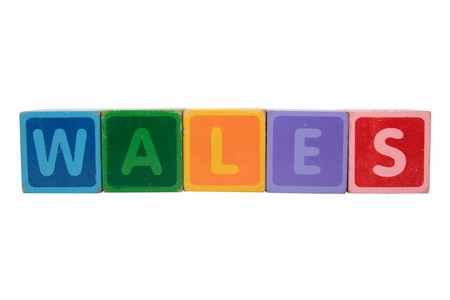 toy letters that spell wales against a white background の写真素材
