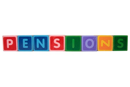 toy letters that spell pensions against a white backgroundの写真素材