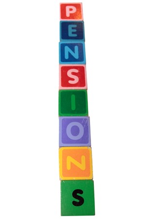 toy letters that spell pensions against a white backgroundの写真素材