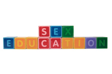 blocks that spell sex education against a white backgroundの写真素材