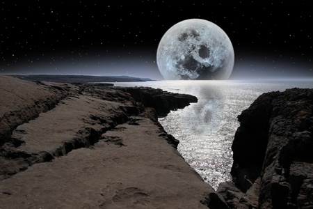 cliffs and coastline of the burren in county clare ireland with bright moon in night sky
