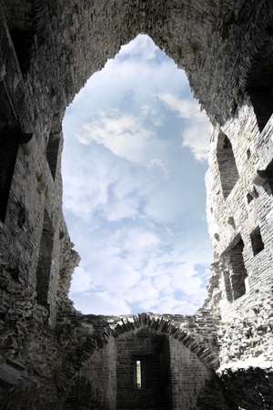 Ruins of a five-storeyed rectangular towerhouse within a bawn Partly destroyed in the 17th century in Ballylongford county kerry ireland from the insideの写真素材