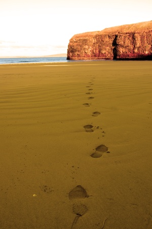 footprints on an empty beach on a beautiful winters dayの写真素材
