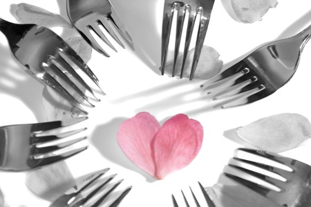 forks surrounding a heart shape petal with rose petals for a concept on romantic dining on white backgroundの写真素材
