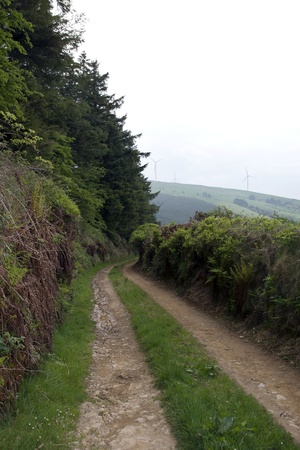 dirt road to a windmill on lush irish countryside landscape in glenough county tipperary irelandの写真素材