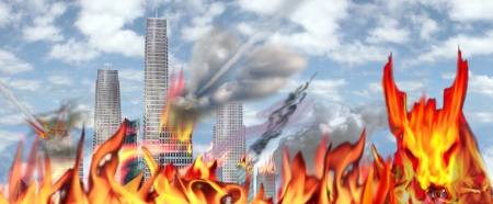 a view of a city engulfed in flames and destruction as the number of the Beast is on us, as the world endsの写真素材