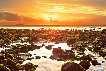 reflections at rocky beal beach near ballybunion on the wild atlantic way ireland with a beautiful yellow sunsetの写真素材