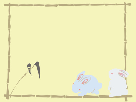 two bunnies on bamboo frameのイラスト素材