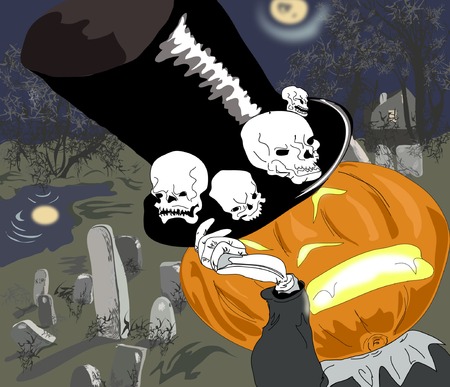 Halloweens pumpkin with top hat on the graveyardのイラスト素材
