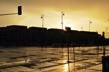 the city in the light of the setting sunの写真素材