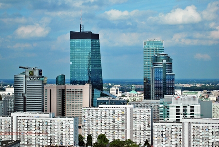 Warsaw, Poland. 8 August 2016. View of the modern skyscrapers in the city center.Warsaw skyline.のeditorial素材
