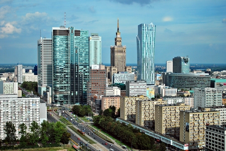 Warsaw, Poland. 8 August 2016. View of the modern skyscrapers in the city center.Warsaw skyline.のeditorial素材