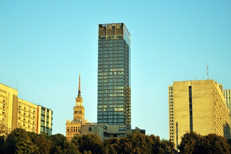 Warsaw, Poland. 8 August 2016. View of the modern skyscrapers in the city center.Warsaw skyline.のeditorial素材
