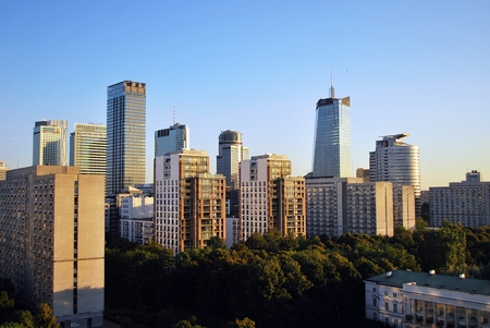 Warsaw, Poland. 8 August 2016. View of the modern skyscrapers in the city center.Warsaw skyline.のeditorial素材