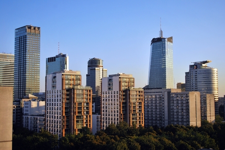 Warsaw, Poland. 8 August 2016. View of the modern skyscrapers in the city center.Warsaw skyline.のeditorial素材