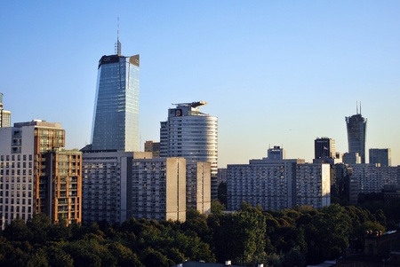 Warsaw, Poland. 8 August 2016. View of the modern skyscrapers in the city center.Warsaw skyline.のeditorial素材