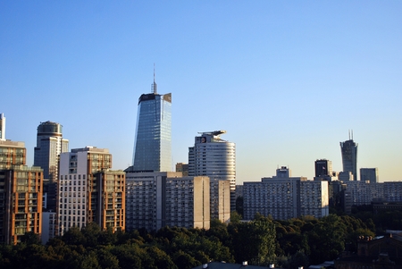 Warsaw, Poland. 8 August 2016. View of the modern skyscrapers in the city center.Warsaw skyline.のeditorial素材