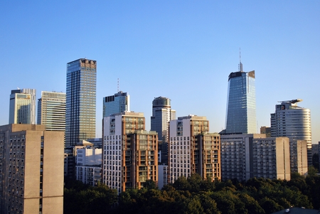 Warsaw, Poland. 8 August 2016. View of the modern skyscrapers in the city center.Warsaw skyline.のeditorial素材