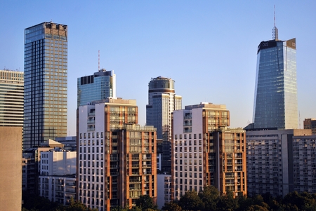 Warsaw, Poland. 8 August 2016. View of the modern skyscrapers in the city center.Warsaw skyline.のeditorial素材