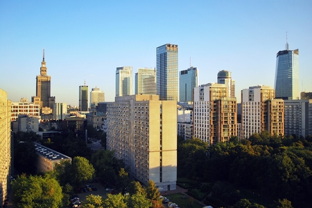 Warsaw, Poland. 8 August 2016. View of the modern skyscrapers in the city center.Warsaw skyline.のeditorial素材