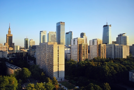 Warsaw, Poland. 8 August 2016. View of the modern skyscrapers in the city center.Warsaw skyline.のeditorial素材