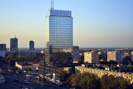 Warsaw, Poland. 8 August 2016. View of the modern skyscrapers in the city center.Warsaw skyline.のeditorial素材