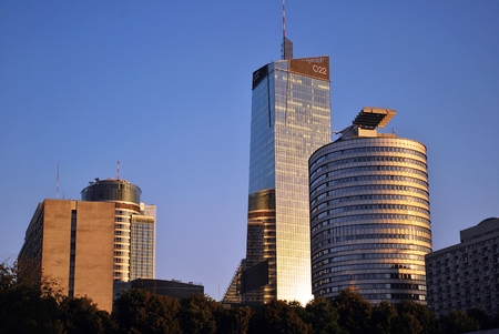 Warsaw, Poland. 8 August 2016. View of the modern skyscrapers in the city center.Warsaw skyline.のeditorial素材