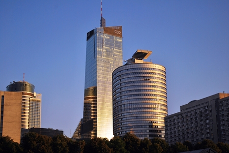 Warsaw, Poland. 8 August 2016. View of the modern skyscrapers in the city center.Warsaw skyline.のeditorial素材