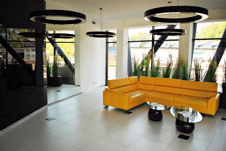 Warsaw, Poland. 9 September 2016. Main hall in modern apartment building Central Park Ursynow.のeditorial素材