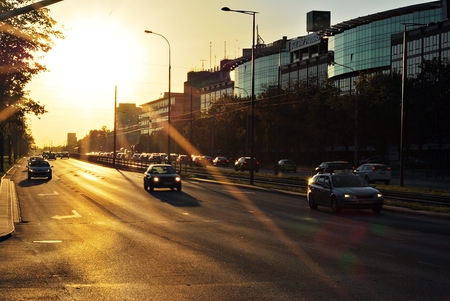 Warsaw, Poland. 16 September 2016. The Warsaw City skyline with urban skyscrapers at sunset.のeditorial素材