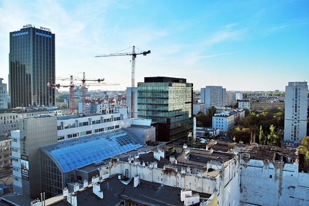 Warsaw, Poland. 16 September 2016. The Warsaw City skyline with urban skyscrapers at sunset.のeditorial素材