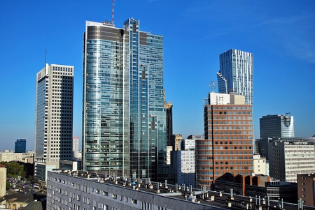 Warsaw, Poland. 16 September 2016. The Warsaw City skyline with urban skyscrapers at sunset.のeditorial素材