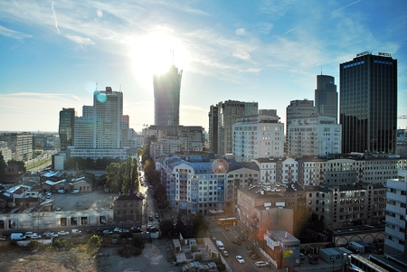 Warsaw, Poland. 16 September 2016. The Warsaw City skyline with urban skyscrapers at sunset.のeditorial素材
