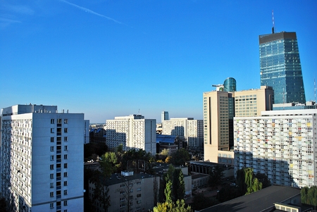Warsaw, Poland. 16 September 2016. The Warsaw City skyline with urban skyscrapers at sunset.のeditorial素材