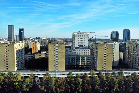 Warsaw, Poland. 16 September 2016. The Warsaw City skyline with urban skyscrapers at sunset.のeditorial素材