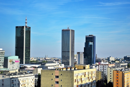 Warsaw, Poland. 16 September 2016. The Warsaw City skyline with urban skyscrapers at sunset.のeditorial素材