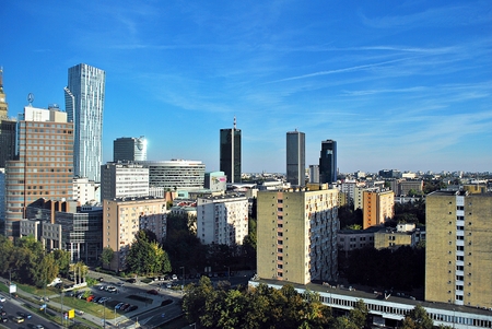 Warsaw, Poland. 16 September 2016. The Warsaw City skyline with urban skyscrapers at sunset.のeditorial素材
