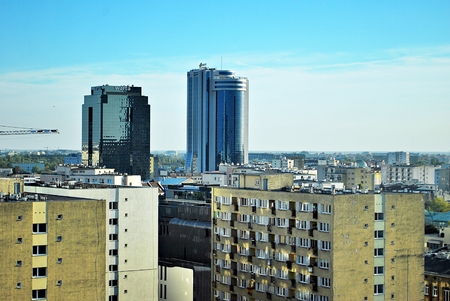Warsaw, Poland. 16 September 2016. The Warsaw City skyline with urban skyscrapers at sunset.のeditorial素材