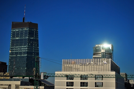 Warsaw, Poland. 16 September 2016. The Warsaw City skyline with urban skyscrapers at sunset.のeditorial素材