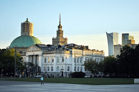 Warsaw, Poland. 16 September 2016. The Warsaw City skyline with urban skyscrapers at sunset.のeditorial素材
