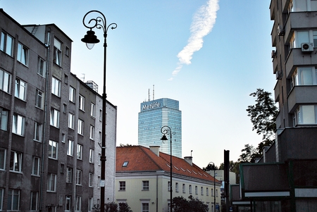 Warsaw, Poland. 16 September 2016. The Warsaw City skyline with urban skyscrapers at sunset.のeditorial素材