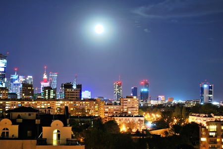 Warsaw, Poland. 16 September 2016. The Warsaw City skyline with urban skyscrapers at nightのeditorial素材