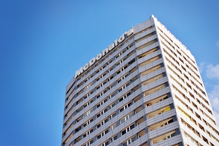 Warsaw, Poland. 20 April 2017.Modern Marszalkowska Apartment Building. McDonalds logo