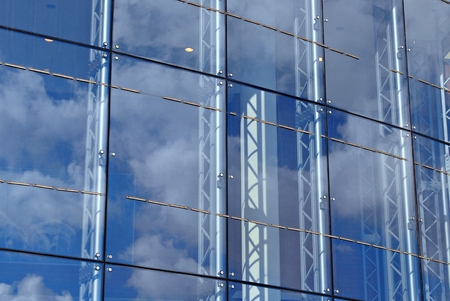 Panoramic view of high rise building with skyscrapers