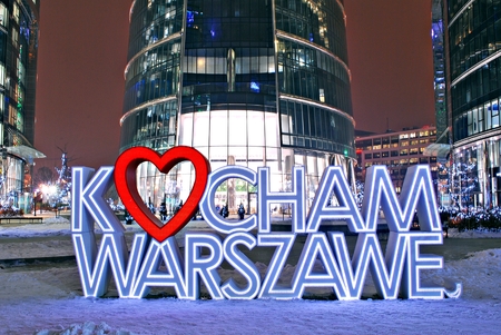 Warsaw, Poland. 18 January 2017. 'I love Warsaw' LED light sign as part of an illumination of modern business complex by Warsaw Spire skyscraperのeditorial素材