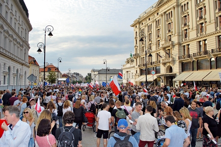 Warsaw, Poland. 24 July 2017. Protesters rally in front of the presidential palace in Warsaw. Protesters hold posters reading "constitution" during a demonstration in front of the presidential palace.のeditorial素材