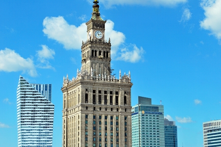 Warsaw, Poland.15 August 2017. Aerial view of skyscrapers, city center.